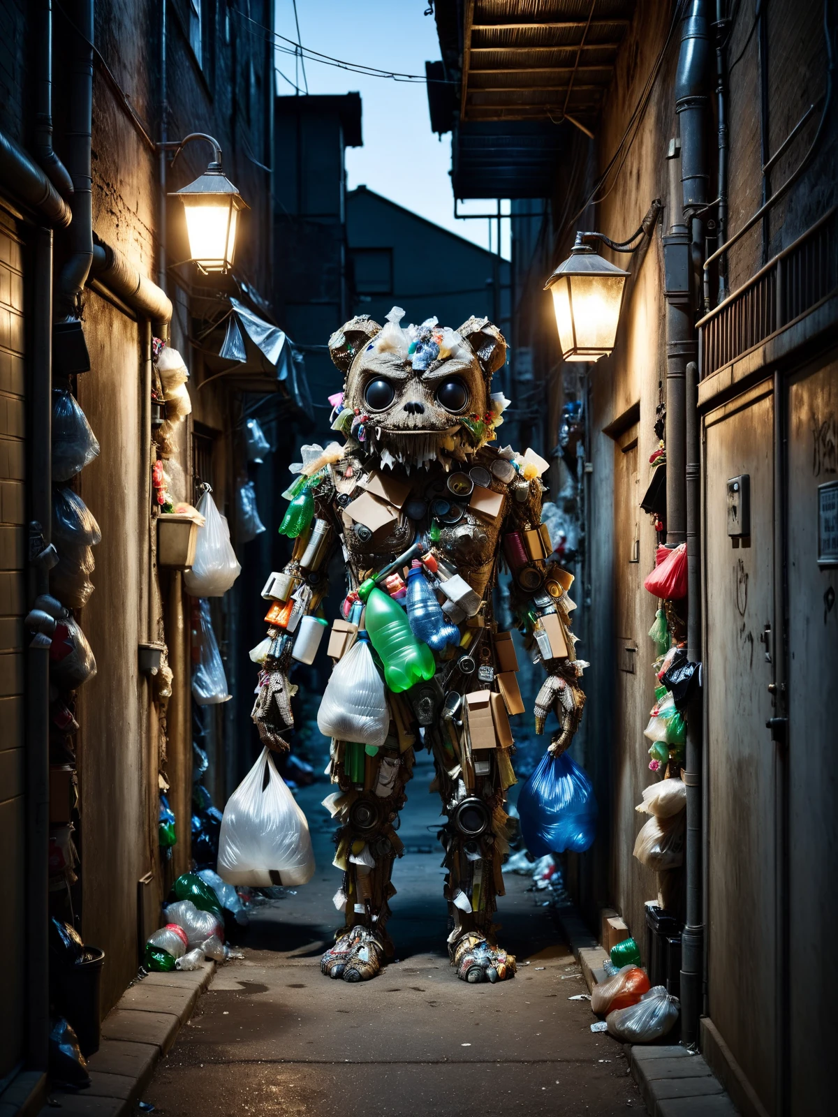 monster in dirty alley at night, mad-garbage, darkness, dimly lit <lora:Garbage_SDXL:1.0>, raw photo, film grain, Fujifilm XT3, (photorealistic, realistic:1.2), deep shadow, 8k, uhd, dslr, ultra high res