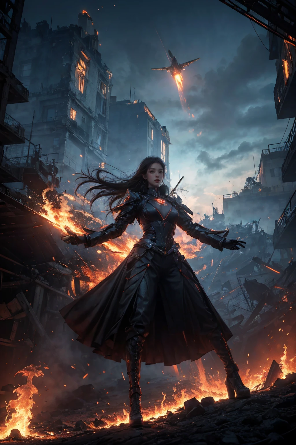 1girl, 
 heavy rain, 
bfbfbf, fire, battlefield, Best quality, ultra high res, excellent composition, cinematic atmosphere, dynamic dramatic ambient light, skirt, ponytail, space, alien, frills, long hair, suspenders, frilled shirt collar, landing castle, eyepatch, comic, planetary ring, english text, explosion, pantyhose, mundane utility, frilled dress, frilled skirt, dress, fiery hair, mug, aircraft, one-eyed, solo, high heels, suspender skirt, helicopter, teacup, cup, blu-ray, czech republic, 
masterpiece, aesthetic
 <lora:æåºæ°å´v3:0.6>