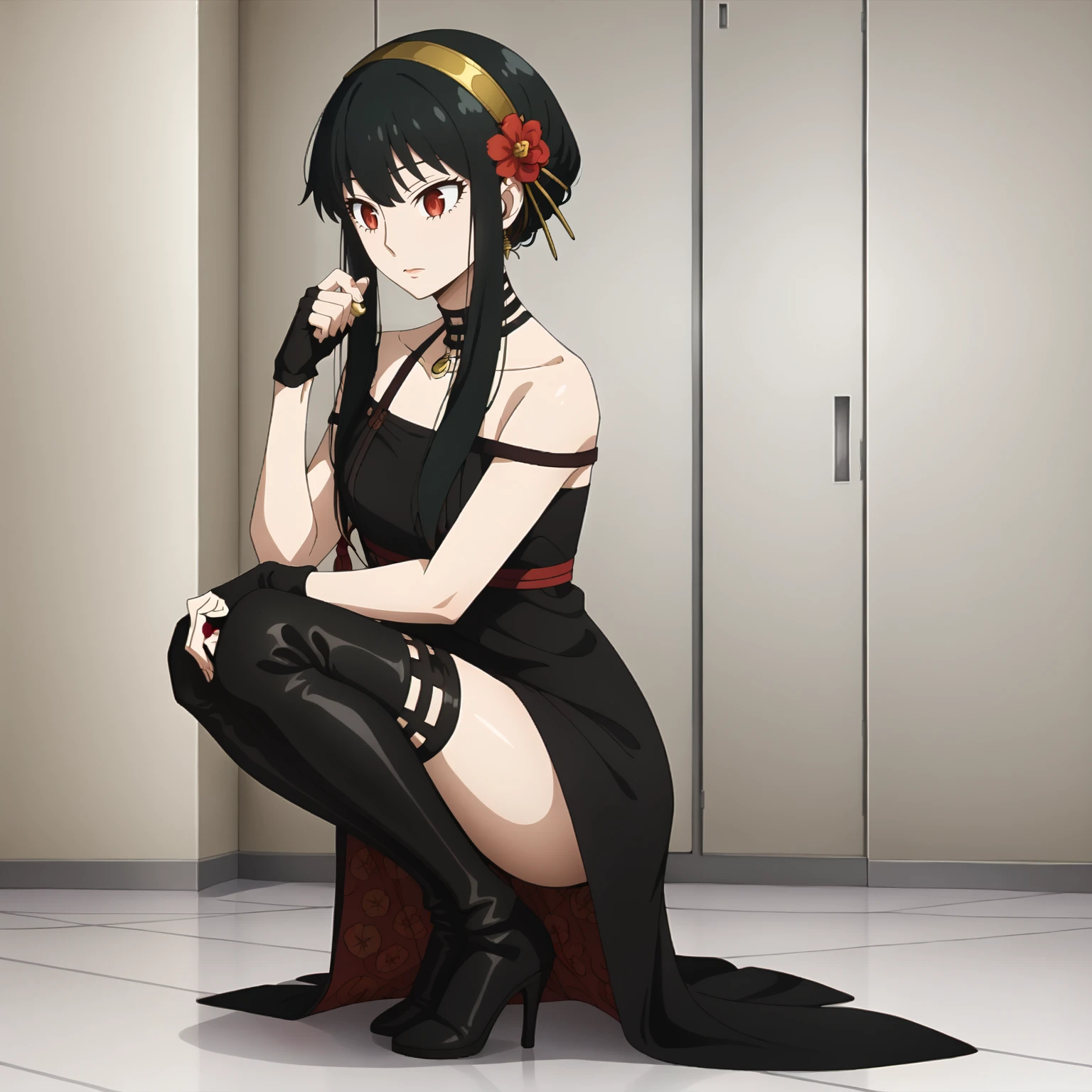 <lora:YorForgerXLpony004>,
solo,
YorForger,1girl,black hair,red eyes,short hair with long locks,
gold hairband,hair flower,
black choker,
black dress,sleeveless,off shoulder,
floral_print,
fingerless gloves,
black footwear,thigh high heel boots,
full body,squatting,