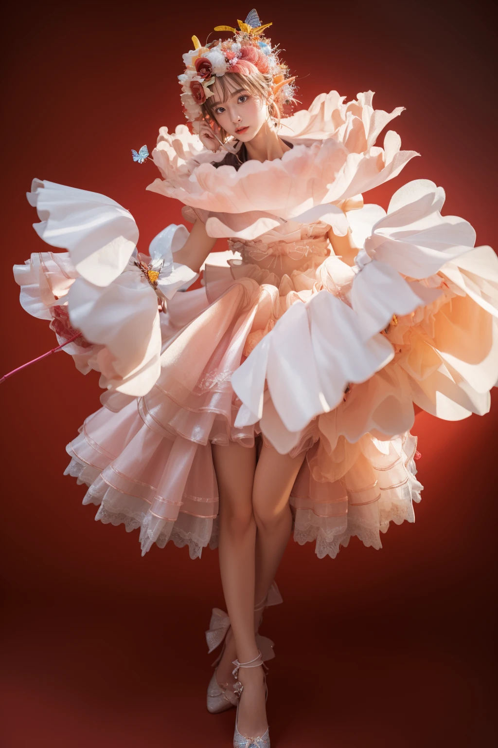 1girl,solo,red background,standing,thigh gap,,ruanyi0551,bow,butterfly,dress,frilled dress,hair flower,gloves,hair ornament,full body,<lora:0551 Full of fragrance 1_v1:1>, best quality,masterpiece,highres,official art,extremely detailed cg unity 8k wallpaper