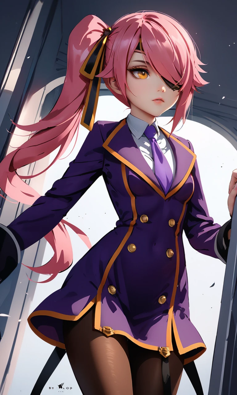 (masterpiece), (best quality), (ultra-detailed), Konoe_Ayatsuki_Mercury \(XB\),1girl, solo, long hair, long sleeves, dress, yellow eyes, pink hair, breasts, small breasts, pantyhose, necktie, hair over one eye,purple uniform, side ponytail, orange eyes, eyepatch, illustration, disheveled hair, detailed eyes, perfect composition, moist skin, intricate details, earrings, by wlop, Konoe_Ayatsuki_Mercury \(XB\),1girl, solo, long hair, long sleeves, dress, yellow eyes, pink hair, breasts, small breasts, pantyhose, necktie, hair over one eye,purple uniform, side ponytail, orange eyes, eyepatch, cinematic, stunning, highly detailed, excellent composition