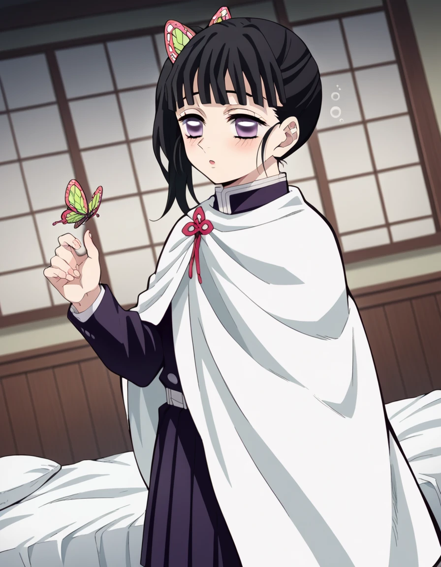 score_9, score_8_up, score_7_up, source_anime,
kanaotsuyuri, <lora:kanao-tsuyuri-anime-ponyxl-lora-nochekaiser:1>,
kanao tsuyuri, black hair, butterfly, butterfly hair ornament, purple eyes, side ponytail, ponytail,
black skirt, cape, demon slayer uniform, long sleeves, pleated skirt, skirt, white cape,
indoors, bed, bed room, on side, blush, drunk,
solo, dutch angle, looking at viewer, cowboy shot,