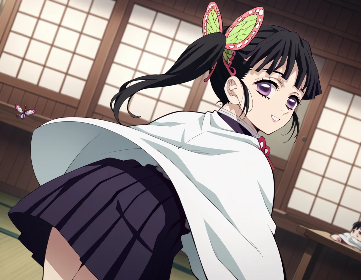 score_9, score_8_up, score_7_up, source_anime,
kanaotsuyuri, <lora:kanao-tsuyuri-anime-ponyxl-lora-nochekaiser:1>,
kanao tsuyuri, black hair, butterfly, butterfly hair ornament, purple eyes, side ponytail, ponytail,
black skirt, cape, demon slayer uniform, long sleeves, pleated skirt, skirt, white cape,
indoors, dojo, bent over, smile,
solo, dutch angle, looking at viewer, cowboy shot,