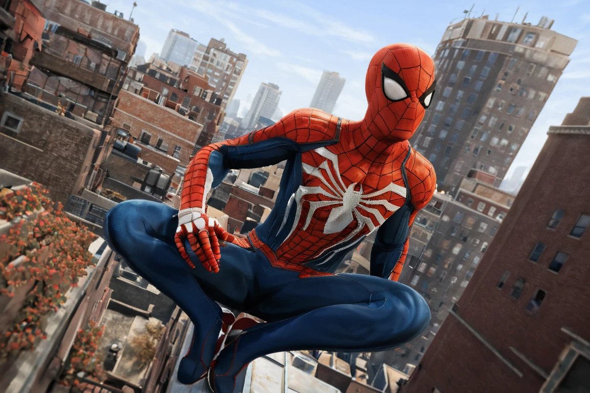 1man,detailed face,extremely detailed,UHD,award wining,correct_anatomy,spiderman ps4,spider web printing,red bodysuit,looking down,sitting on rooftop,masterpeice,highly detailed,rich in detail,viewed from below,low_angle,front_view,solo_focus,upper_body<lora:EMS-289246-EMS:0.800000>, <lora:EMS-373988-EMS:1.000000>