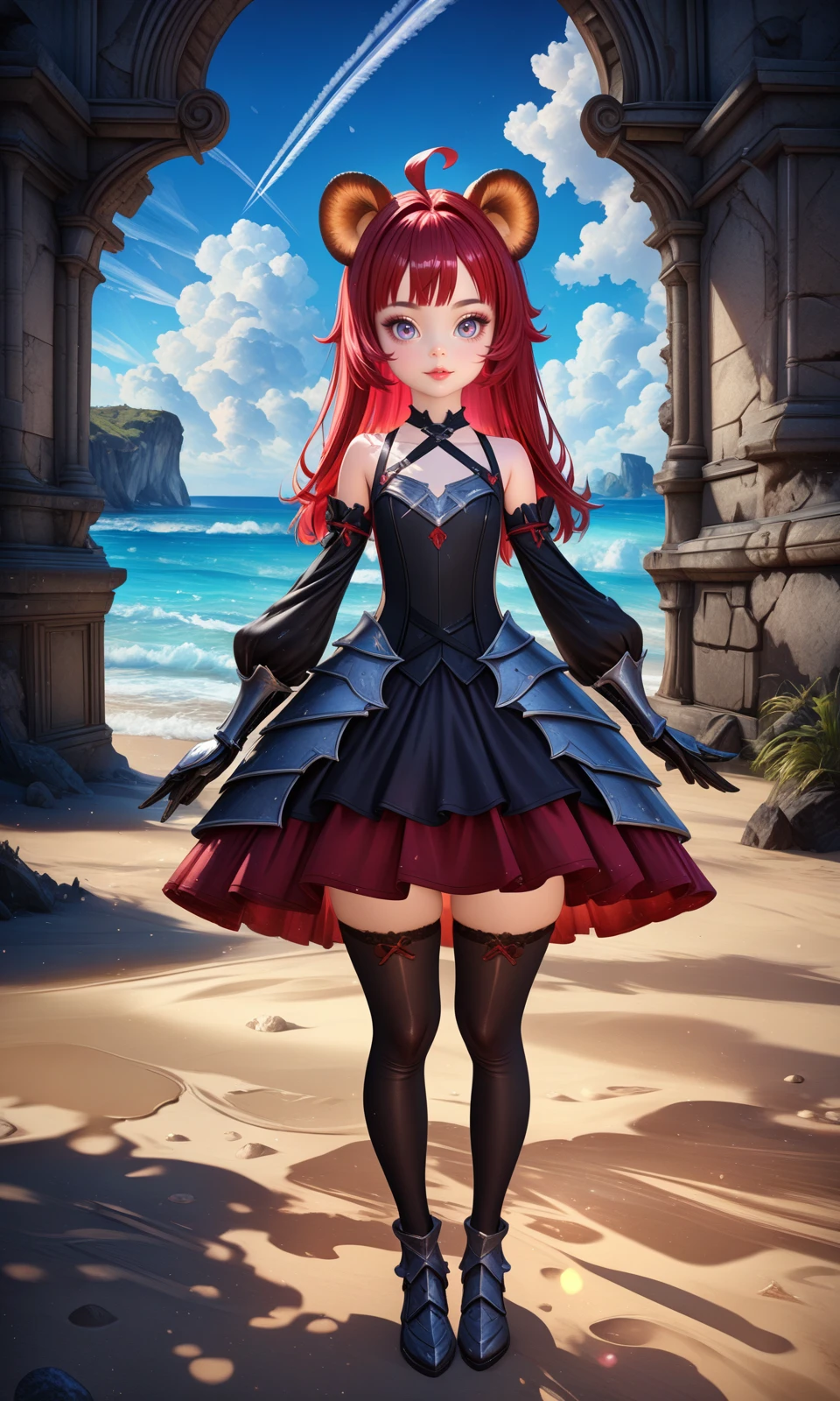 solo, elinxl, red hair, raccoon ears, ahoge, 
dress, detached sleeves, gothic style, thighhighs, armored dress, armored gloves, 
looking at viewer, straight-on, 
outdoors, beach, sand, ocean, cloud, contrail, 
detailed background, 
colorful, drop shadow, light particles, 
masterpiece, best quality, very aesthetic, absurdres, 
<lora:Elin_XL:1>