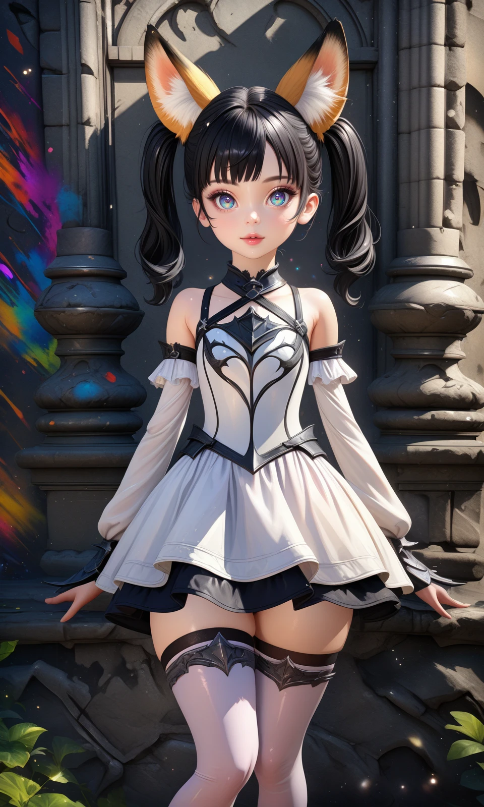 solo, elinxl, black hair, fox ears, twintails, 
black and white dress, detached sleeves, gothic style, thighhighs, armored dress, armored gloves, 
looking at viewer, straight-on, 
outdoors, 
detailed background, 
colorful, drop shadow, light particles, 
masterpiece, best quality, very aesthetic, absurdres, 
<lora:Elin_XL:1>