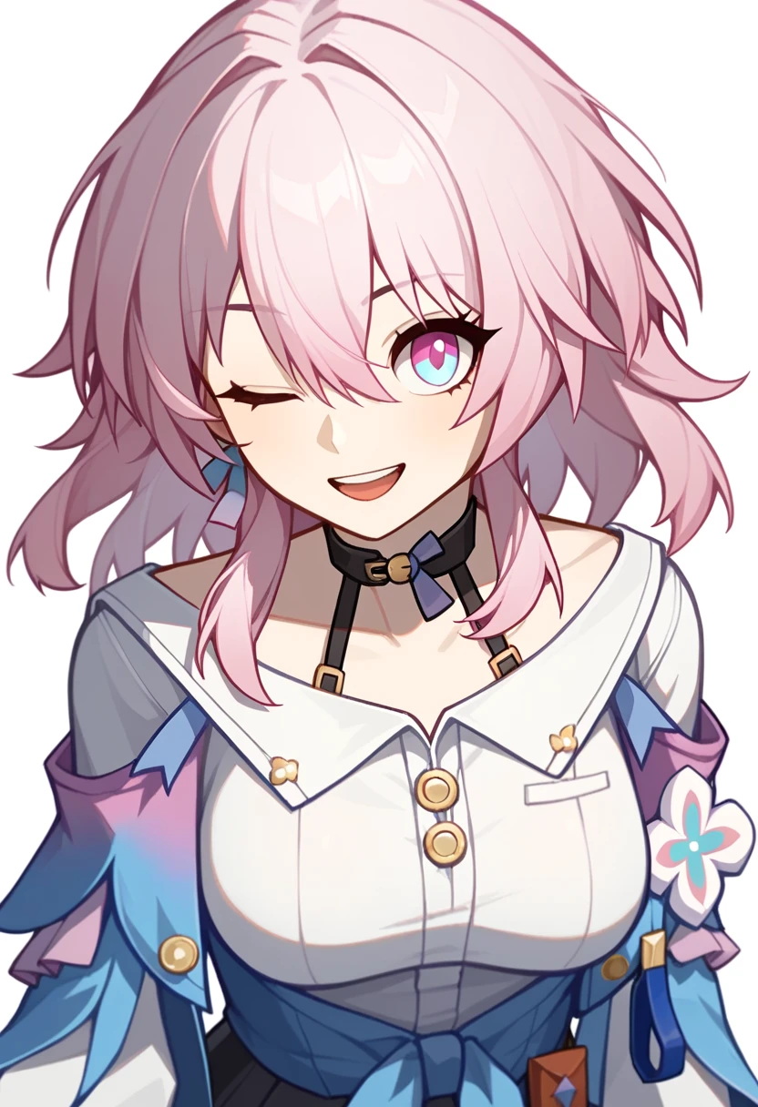 score_9,score_8_up,score_7_up,<lora:star_rail_all_v2:1>,1girl, march_7th_\(honkai:_star_rail\), pink_hair, blue_eyes, white_shirt, medium_hair, long_sleeves, pink_eyes, two-tone_eyes, blue_jacket, black_choker, medium_breasts, hair_between_eyes, blue_skirt