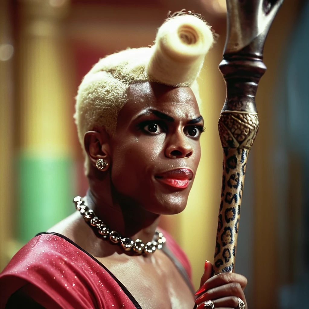 cinematic film still of <lora:detailed:0.5>
  <lora:perfection style:0.5>
<lora:Le Cinquieme Element style:0.5>
 <lora:Ruby Rhod:0.9>
Ruby Rhod a man with a weird blonde haircut holding a staff, shallow depth of field, vignette, highly detailed, high budget, bokeh, cinemascope, moody, epic, gorgeous, film grain, grainy