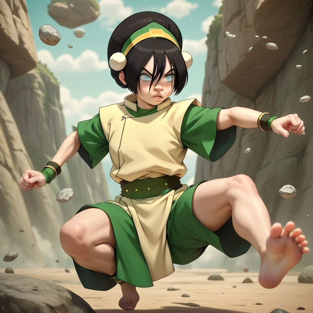 score_9, score_8_up, score_7_up, score_6_up, score_5_up, score_4_up, rating_explicit, 1girl, Toph, blind, fighting stance, surrounded by floating rocks, flying rocks, barefoot, rocky terrain