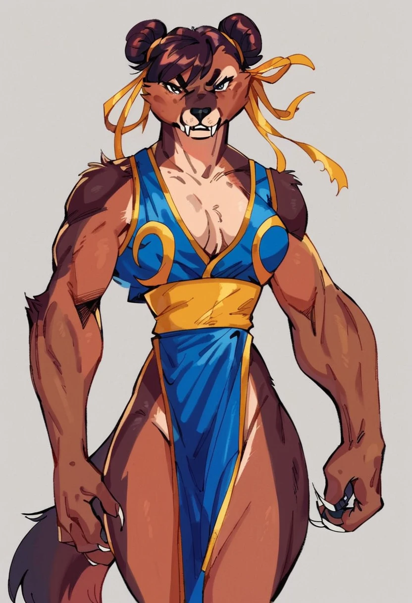 score_9, score_8_up, score_7_up, score_6_up, score_5_up, score_4_up, furry, a female werewolf dressed as Chun-Li, breasts, pelvic curtain, looking at viewer, standing, cowboy shot, twin buns, hair ribbons, torn clothing, claws, fangs, muscular, white background, simple background, hatching (texture), marker (medium), retro artstyle, <lora:j_lee_xmen-06:1>