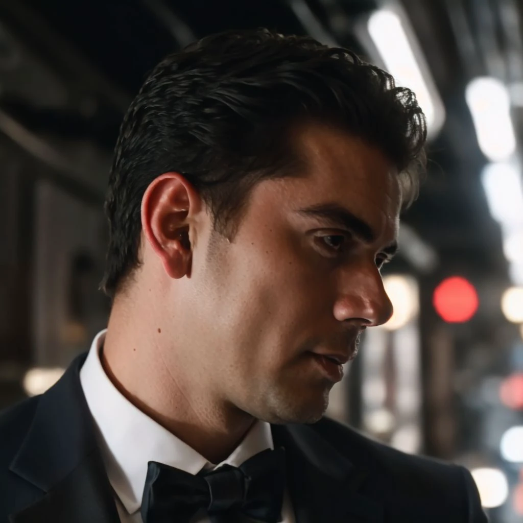 DLSR photo of bababruno person using a tuxedo, face portrait, in blade runner, daylight, professional photography, high resolution, detailed photo, RAW, still film, f/16, uhd, hdr, 4k <lora:bababruno_69300:1>