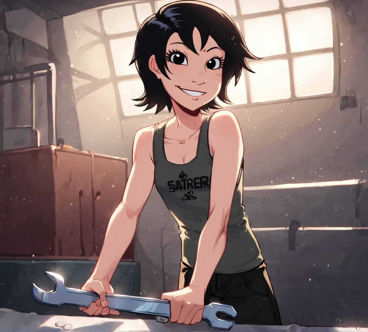 katerina, black hair, black eyes, zPDXL, best quality, amazing quality, score 9, 1girl, holding wrench, confident smile, looking at viewer, indoors, tank top, <lora:Katerina:1>