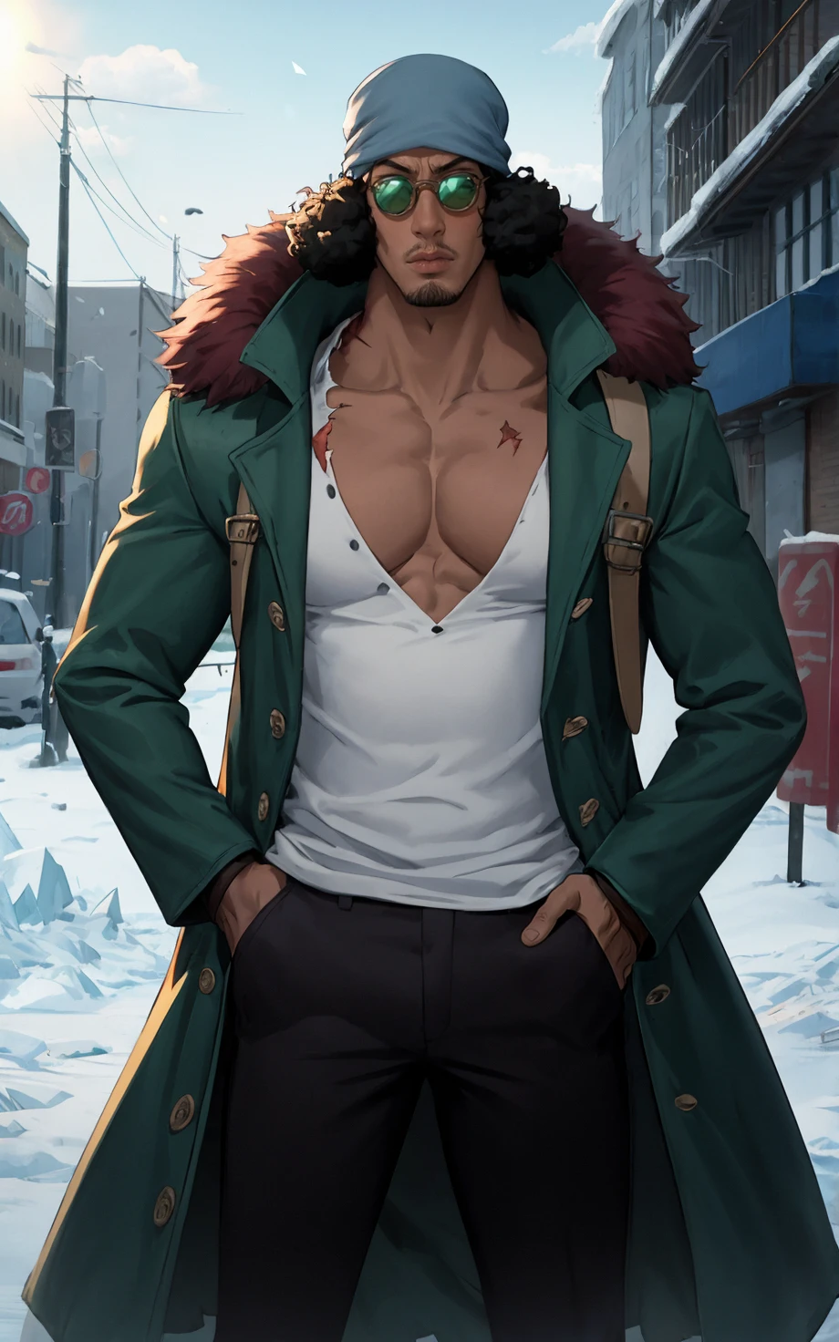 ((masterpiece, best quality)), insaneres, absurdres, solo, vanishing point,
Post_LongCoat_KuzanAokiji_ownwaifu,
1boy, black hair, hat, sunglasses, facial hair, glasses, dark skin, pectorals, scar, dark-skinned male, bandana, stubble, afro, short hair, mustache, bare pectorals, collarbone, lips, long sleeves, muscular, scar on chest, sideburns,
cleavage, male focus, coat, pants, fur trim, white shirt, open clothes, jacket, gloves, shirt, open coat, black gloves, black pants, long coat, denim, fur coat, green coat,
ice, cryokinesis, bara,
(contrapposto, hand on hip)<lora:Marine_Admiral_KuzanAokiji_ownwaifu:0.85>,
outdoors, lens flare, depth of field, bokeh, embers, looking at viewer,