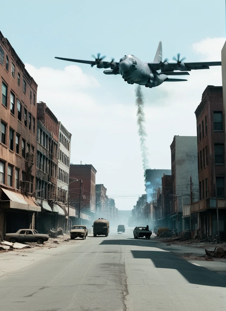 Cinematic still of apocalyptic city street, rusted and smoking AIR_C130 flying overhead <lora:AIR_C130:1>