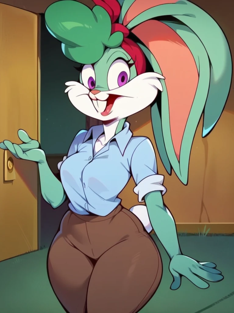 score_9, score_8_up, score_7_up, score_6_up, score_5_up, score_4_up, BShara_Bunny, 1girl, solo, (rabbit girl, rabbit ears, green fur, bangs, purple eyes, medium breasts, wide hips, buck teeth), blue collared shirt, brown pants, door, wall, <lora:bshara-bunny-v2:1>