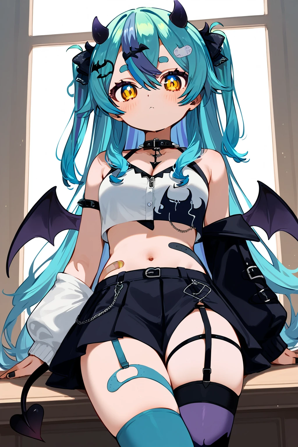 (score_9,score_8_up,score_7_up,),1girl,<lora:maolei-000008:0.8>,Nyaru,virtual youtuber,long hair,wings,horns,demon horns,two side up,demon wings,legwear garter,multicolored hair,blue hair,demon girl,yellow eyes,bandaid,skirt,mismatched legwear,asymmetrical legwear,thighhighs,jewelry,demon tail,tail,navel,breasts,streaked hair,