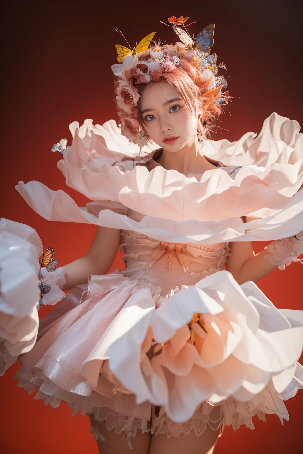 1girl,solo,red background,cowboy shot,standing,thigh gap,,ruanyi0551,bow,butterfly,dress,frilled dress,hair flower,gloves,hair ornament,<lora:0551 Full of fragrance 1_v1:1>, best quality,masterpiece,highres,official art,extremely detailed cg unity 8k wallpaper