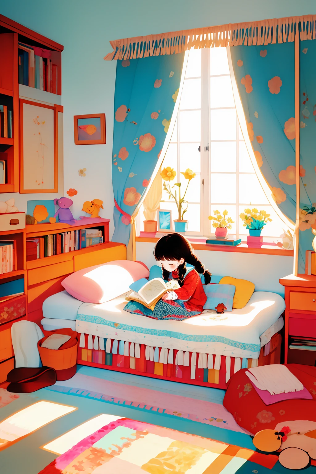 <lora:chat0515:0.8>,illustrations,1girl,window,book,curtains,indoors,braid,solo,flower,long hair,bangs,open book,sitting,pillow,stuffed toy,stuffed animal,teddy bear,black hair,yellow flower,long sleeves,fringe trim,picture frame,plant,twin braids,rug,dress,bookshelf,bedroom,holding,vase,reading,lamp,bed,child,floral print,blanket,sweater,