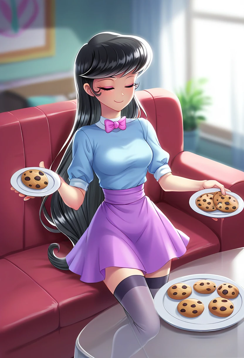 score_9, score_8_up, score_7_up BREAK octavia melody, human, equestria girls, g4, adorasexy, bangs, breasts, clothes, cookie, couch, cute, eyes closed, female, food, indoors, nylon, oreo, plate, ribbon, sexy, slender, smiling, solo, stockings, stupid sexy octavia, table, tavibetes, thigh highs, thin, racoonsan <lora:Racoonkun_Artist_Style:0.6>