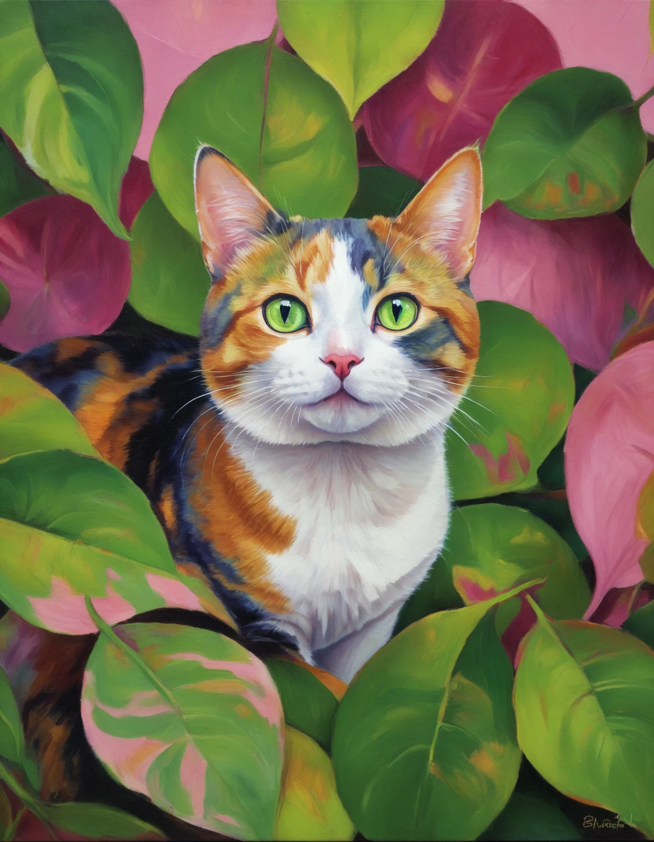 An oil painting of a colorful cat, curious and playful, amidst a pink and green leaf background