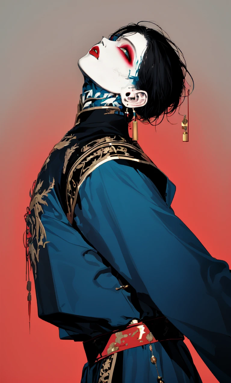 ((masterpiece)), ((best quality)), 8k, high detailed, ultra-detailed,1boy, jiangshi, jiangshi costume, solo, male focus, makeup, black hair, earrings, long sleeves, looking at viewer, parted lips, gradient, head tilt, red lips, gradient background,<lora:psycho_JiangS:0.8>