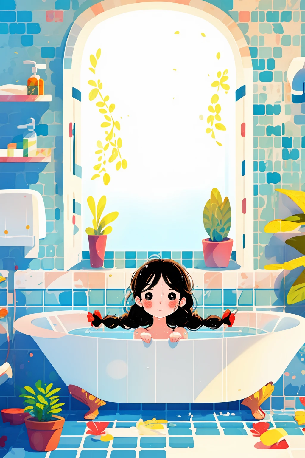 <lora:chat0515:0.8>,illustrations,1girl,solo,plant,bathtub,bathing,long hair,black hair,bath,blush,black eyes,smile,braid,looking at viewer,indoors,nude,partially submerged,potted plant,water,