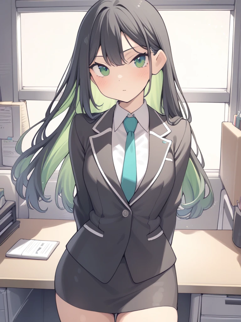 1girl, black long hair, green inner hair, green eyes, suit, skirt, office, desk, <lora:hobbyanon_aaaa_quad-a_v1_AnythingXL:1>,
cowboy shot, looking at viewer, solo,
very aesthetic, aesthetic,
masterpiece, best quality