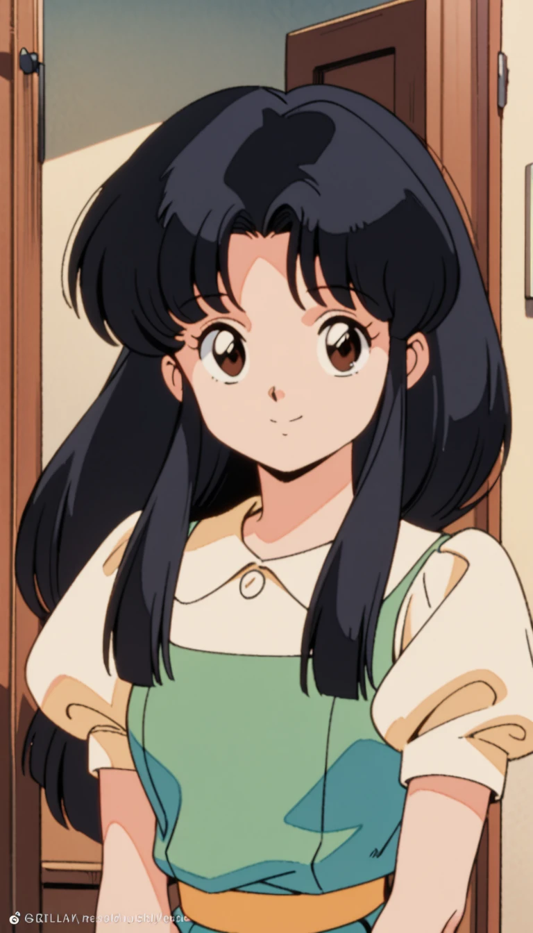 1girl, solo, smile, long hair, black hair, retro artstyle, brown eyes, puffy sleeves, door, looking at viewer, sidelocks, upper body, short sleeves, indoors, puffy short sleeves, shirt, bangs, parted bangs <lora:tendo akane_xl_v1:0.7>