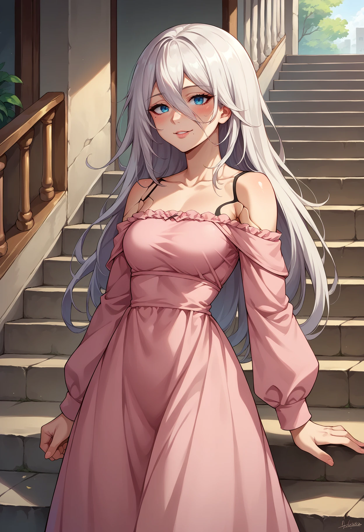 score_9, score_8_up,score_7_up, source_anime, <lora:EPnna2Pony:1>, EPnna2, 1girl, solo, white hair, long hair, blue eyes, hair between eyes, android, robot joints, mole under mouth, bare shoulders, collarbone, off-shoulder dress, long sleeves, long dress, pink dress, cowboy shot, smile, seductive smile, blush, stairs,