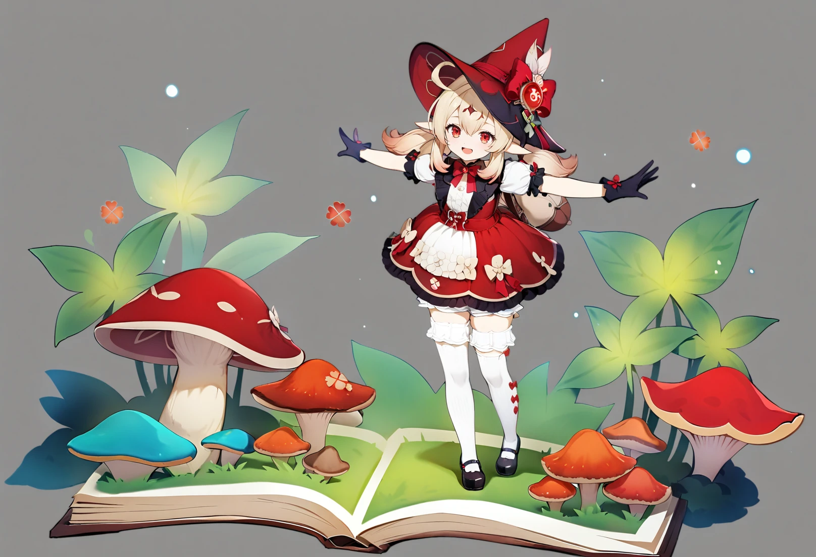 grey background, masterpiece, best quality, <lora:GachamiHoYoXL_ANI31_lokr_V42310:0.95> 1girl, solo, hat, klee \(genshin impact\), witch hat, gloves, twintails, thighhighs, red headwear, bow, ahoge, black footwear, book, smile, pointy ears, shoes, short sleeves, mushroom, open mouth, long hair, full body, outstretched arms, :d, white thighhighs, low twintails, black gloves, red eyes, spread arms, official alternate costume, hair between eyes, dress, bloomers, frills, mary janes, bowtie, sidelocks, puffy sleeves, light brown hair, red bow, blonde hair, vision \(genshin impact\), puffy short sleeves, standing, bag