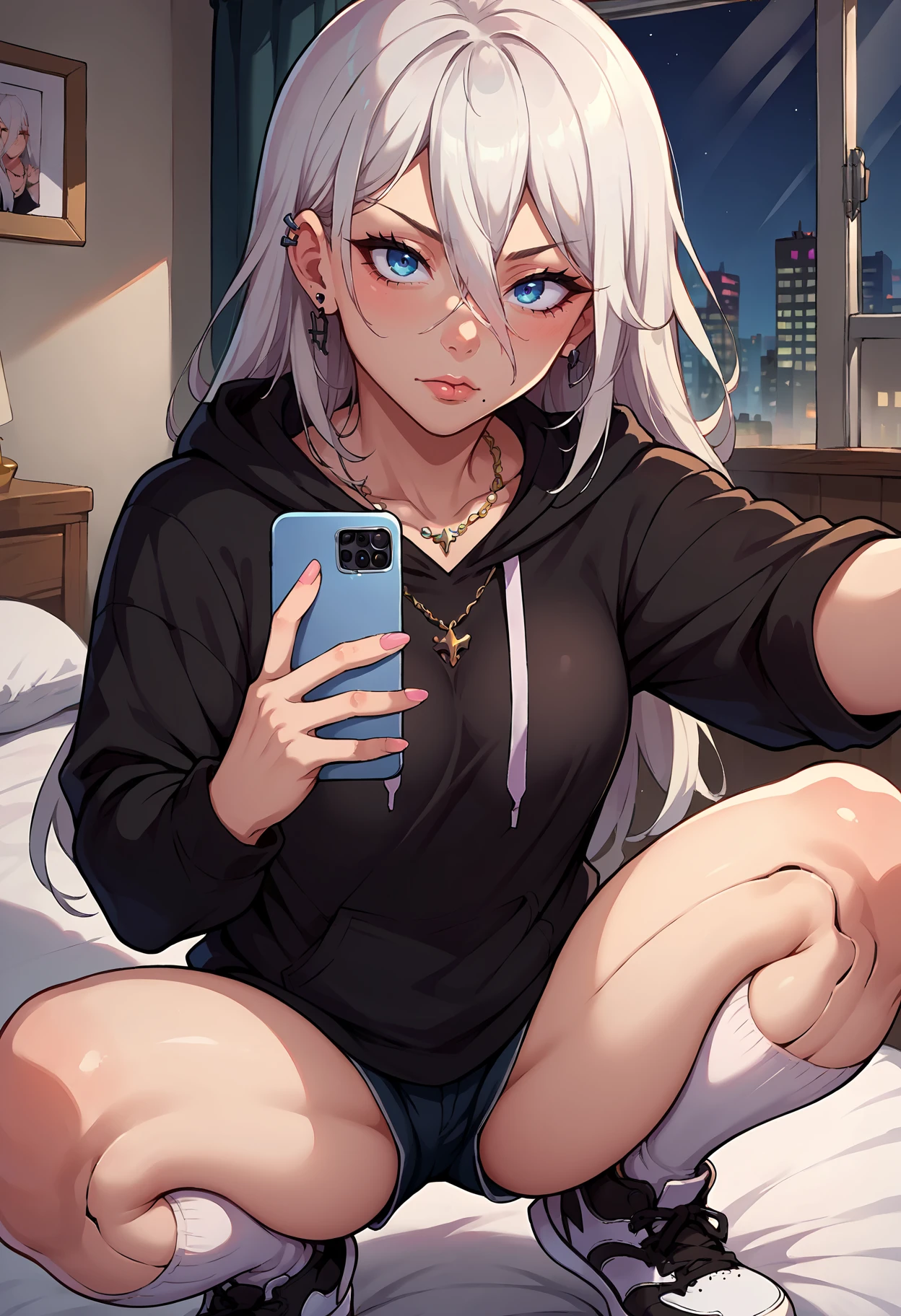 score_9, score_8_up,score_7_up, source_anime, <lora:EPnna2Pony:1>, EPnna2, 1girl, solo, white hair, long hair, blue eyes, hair between eyes, android, robot joints, mole under mouth, necklace, ear piercing, black hoodie, white socks, kneehighs, sneakers, black sneakers, squatting, selfie, taking picture, mirror selfie, bedroom, bed, mirror, at a dark room, at night , city view from the window, gyaru,