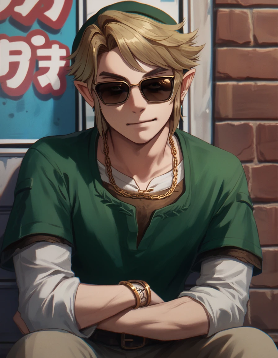 score_9, score_8_up, score_7_up, score_6_up, score_5_up, tphrlnk, 1boy, green suit, solo, t-shirt, necklace, gold chain necklace, gangster, sunglasses,
<lora:tp_hero_link_tphrlnk_ponyxl_v1-000087:1>