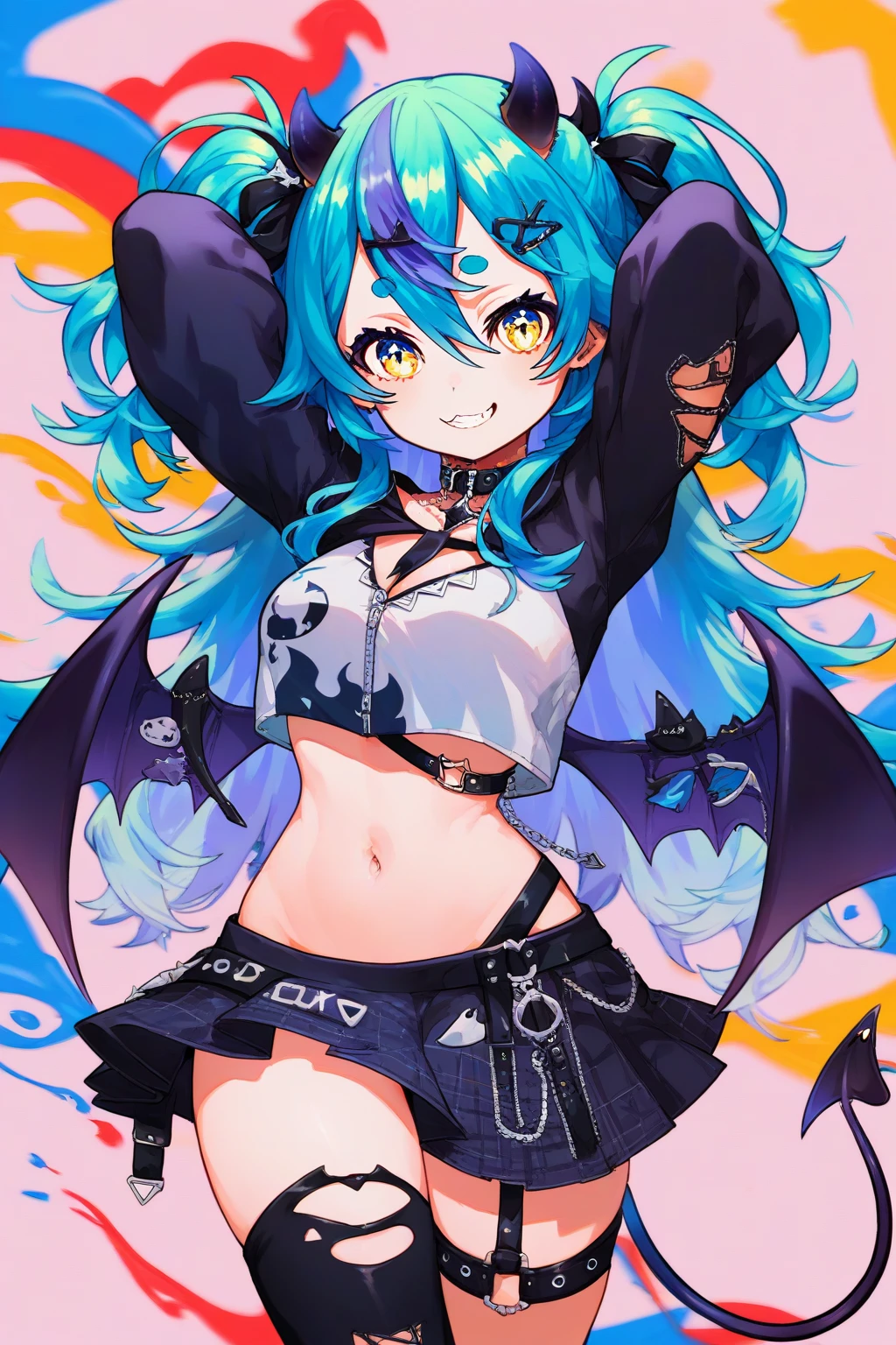 (score_9,score_8_up,score_7_up,),<lora:maolei:0.8>,<lora:MikaPikaZoXLP6lokrV42310:0.7>,Nyaru,1girl,virtual youtuber,long hair,wings,horns,demon horns,two side up,demon wings,legwear garter,multicolored hair,blue hair,demon girl,yellow eyes,bandaid,skirt,mismatched legwear,asymmetrical legwear,thighhighs,jewelry,demon tail,tail,navel,streaked hair,breasts,portrait,colorful,liquid_background,:d,kind_smile,arms up,arm_behind_head,colorful background,