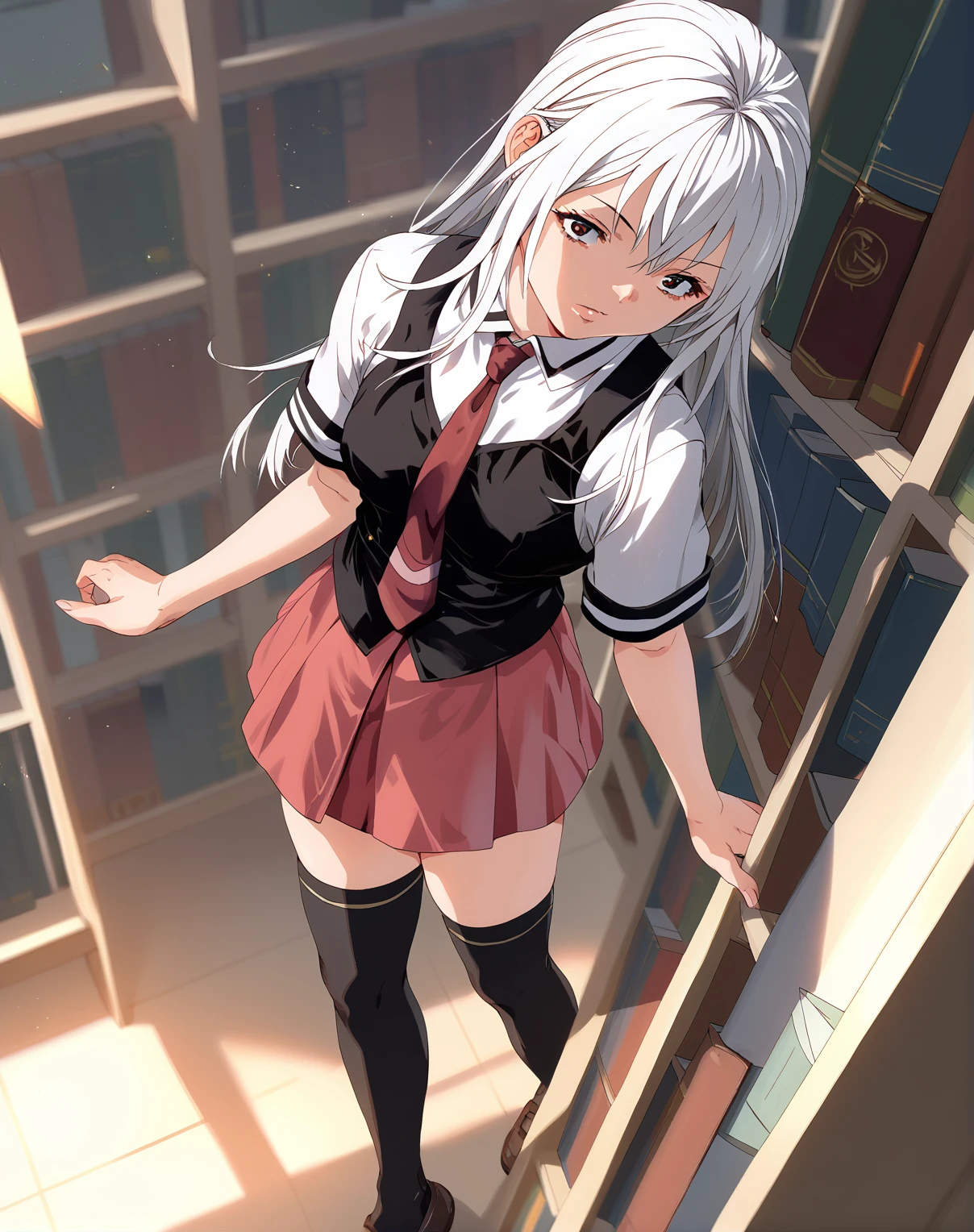 score_9, score_8_up, score_7_up,score_6_up,  1girl in a library, white hair, long hair, from above, dutch angle, sunlight, 
urnsty <lora:uran_style_pony6_v1-000036:1>  <lora:bible_black_uniform_xl_v3:.8> school uniform, white shirt, black vest, black thighhighs, red skirt, red necktie