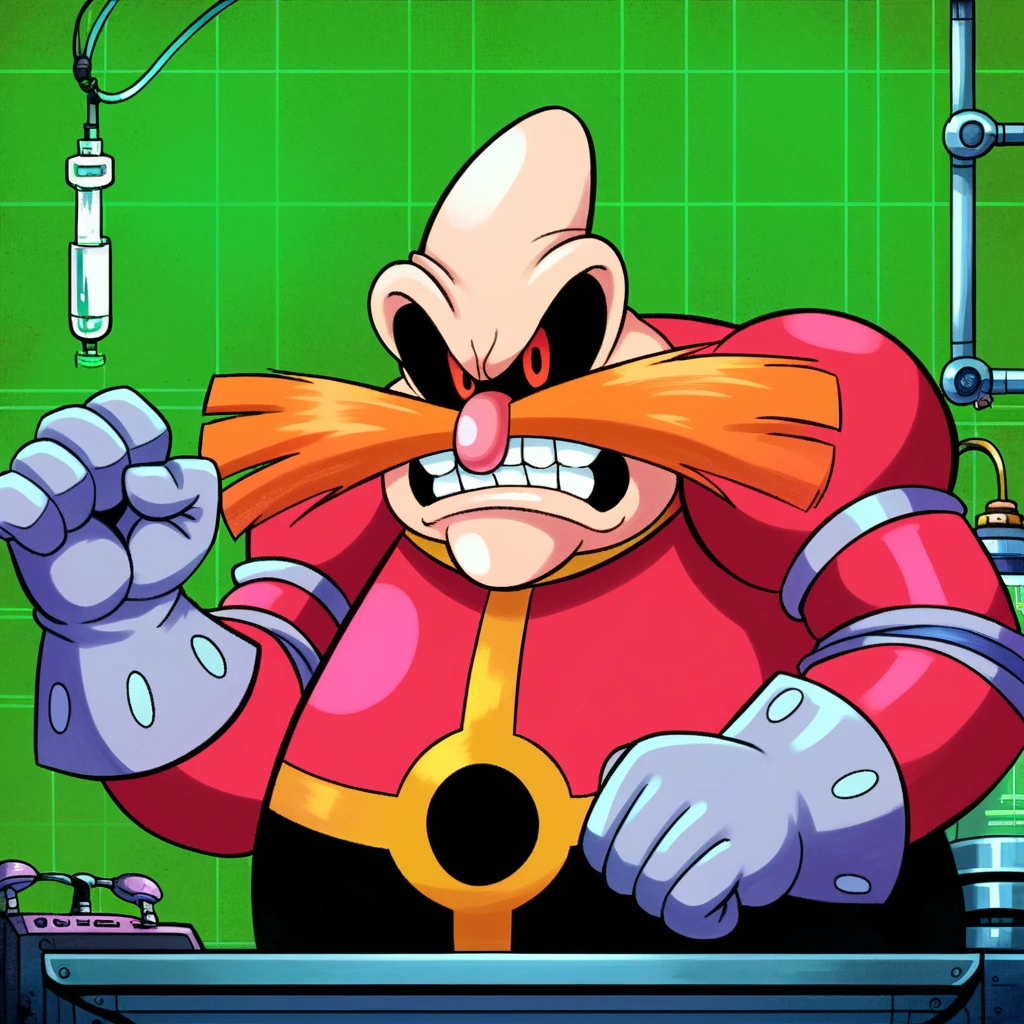 zPDXL, score_9_up, score_8_up, score_7_up, best quality, soft shading:1.3, masterpiece, source_anime, green background, (detailed background, lab, laboratory, computers, machines:1.5), BREAK 1boy, solo, dr_robotnik_(\aosth\), bald, red eyes, orange mustache, pink nose, fat, red shirt, black pants, grey gloves, raised fist, angry, teeth, portrait, looking at viewer,  <lora:PDXL_Robotnik_AOSTH:1>