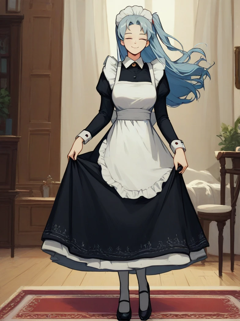 (score_9, score_8_up:1.1), score_7_up, masterpiece, <lora:Angela_Project_Moon:1>, AngelaPM, LC, 1girl, solo, long hair, blue hair, breasts, smile, bangs, long sleeves, dress, closed mouth, full body, closed eyes, grey hair, pantyhose, shoes, black footwear, apron, black dress, maid, maid headdress, maid apron, skirt hold, curtsey