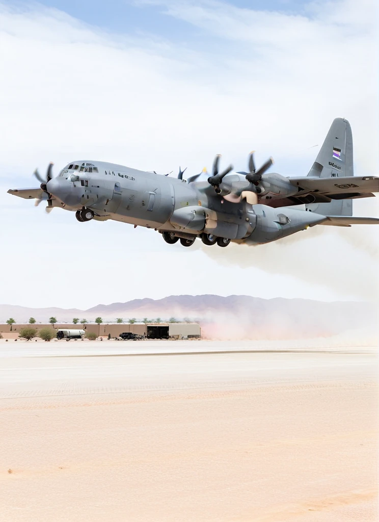 Picture of USAF AIR_C130 landing on desert airfield, <lora:AIR_C130:1>