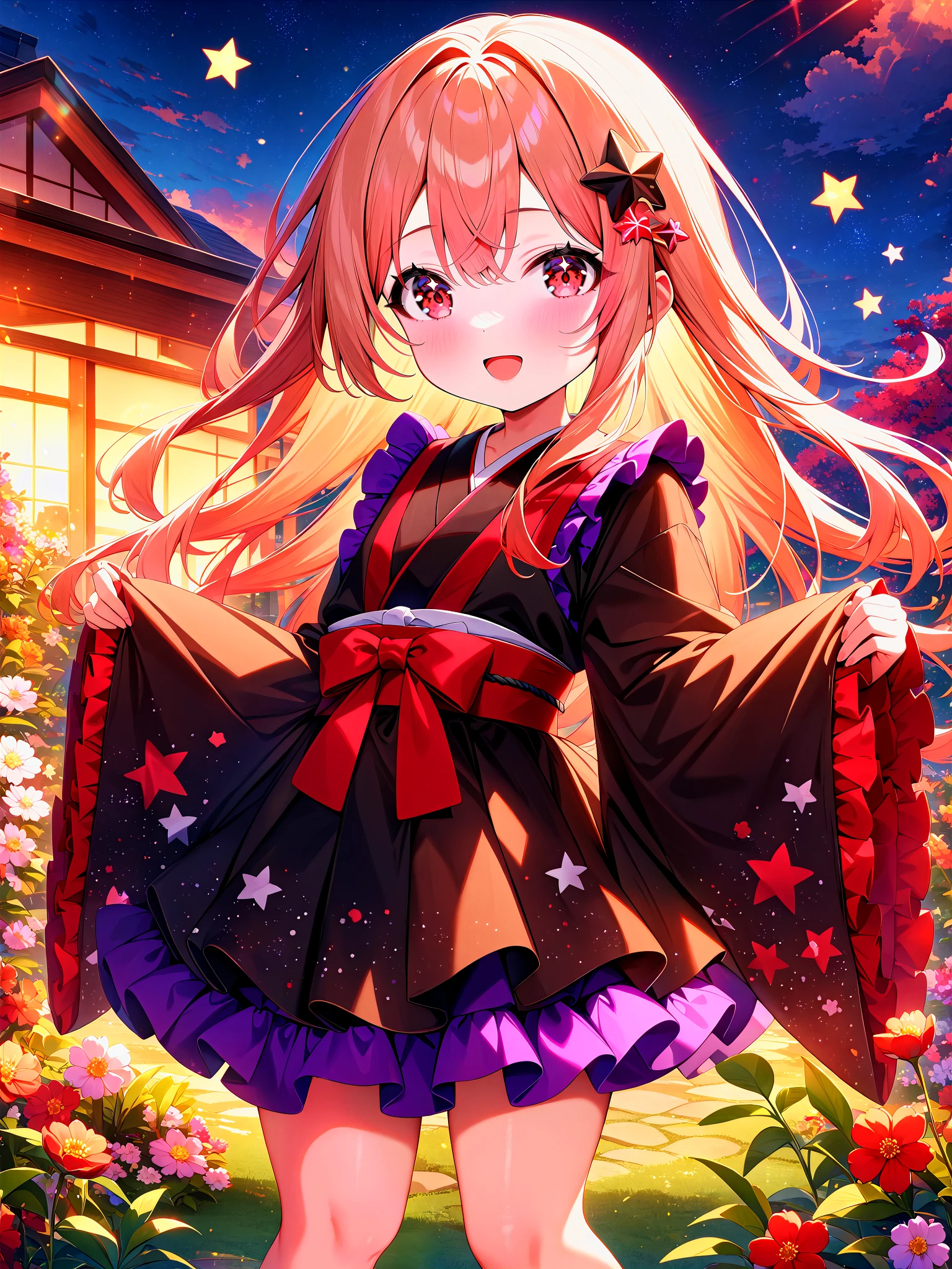 masterpiece, best quality, very aesthetic, absurdres, newest,
1girl, cute girl, original,
flat chest,
(pink eyes:1.3), light brown hair, long hair, star hair ornament,
black kimono, frilled kimono, (red frills, japanese clothes, wafuku:1.3),
long sleeves, sleeves past wrists, wide sleeves, puffy sleeves, star print,
smile, open mouth,
contrapposto, standing, feet out of frame, upper body,
outdoors, garden, flower, star \(symbol\),
dusk, starry sky,