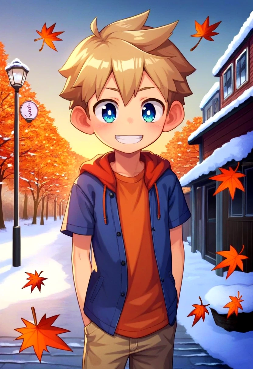 score_9, score_8_up, score_7_up, detailed eyes, autumn leaf, snowy, village, BREAK
straight on shot, standing,  <lora:PerfectEyesXL:0.8> perfecteyes,
 <lora:cutifiedanimecharacterdesign_variant_type_E_PonyXL_v10:0.7> 1boy, type-e,light brown hair, shirt,  petite, young, solo, anime  style,
smile || bright smile || grin