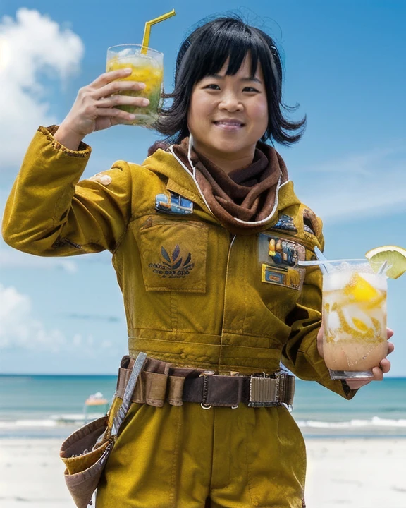 <lora:rosetico_lora:0.8>, rosetico, woman, asian, cute, pretty, kelly marie tran, happy, light beige skin, black ponytail hair with bangs, wearing gold coveralls and brown scarf, wearing bandolier belt, at the beach, (holding a tropical drink:1.3), perfect summer day, medium shot