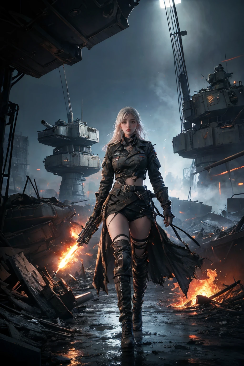 1girl, 
 heavy rain, 
bfbfbf, fire, battlefield, Best quality, ultra high res, excellent composition, cinematic atmosphere, dynamic dramatic ambient light, clenched hand, teeth, breasts, solo, tornado, crazy eyes, smile, greyscale, meme, grin, burning clothes, burning, crazy smile, evil smile, war, tears, tassel, open mouth, i will always love you, monochrome, tapestry, white eyes, small breasts, 
masterpiece, aesthetic
 <lora:æåºæ°å´v3:0.6>