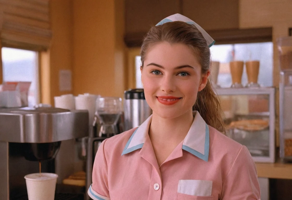 CineTwinPeaks, woman, waitress uniform, cafe, indoors