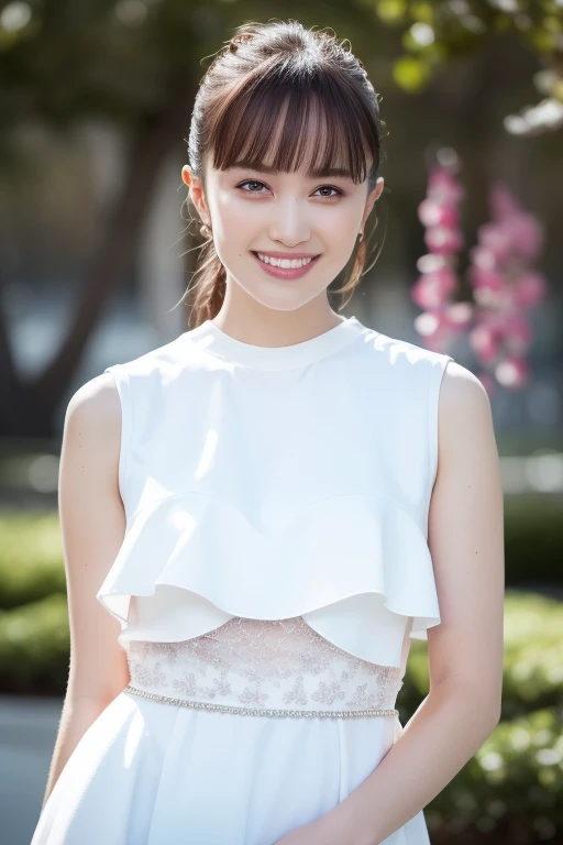 1girl,(RAW photo, best quality), (realistic, photo-realistic:1.4), masterpiece, an extremely delicate and beautiful, extremely detailed, 2k wallpaper, Amazing, finely detail, extremely detailed CG unity 8k wallpaper, ultra-detailed, highres, soft light, beautiful detailed girl, extremely detailed eyes and face, beautiful detailed nose, beautiful detailed eyes,cinematic lighting,perfect anatomy,slender body
wearing a white peplum dress,white skirt,(bokeh:1.2)
at a flower park,sakura flowers,flower garden,
,smile, (dimples)
<lora:momotakanako_lora:0.8>(hair with bangs)