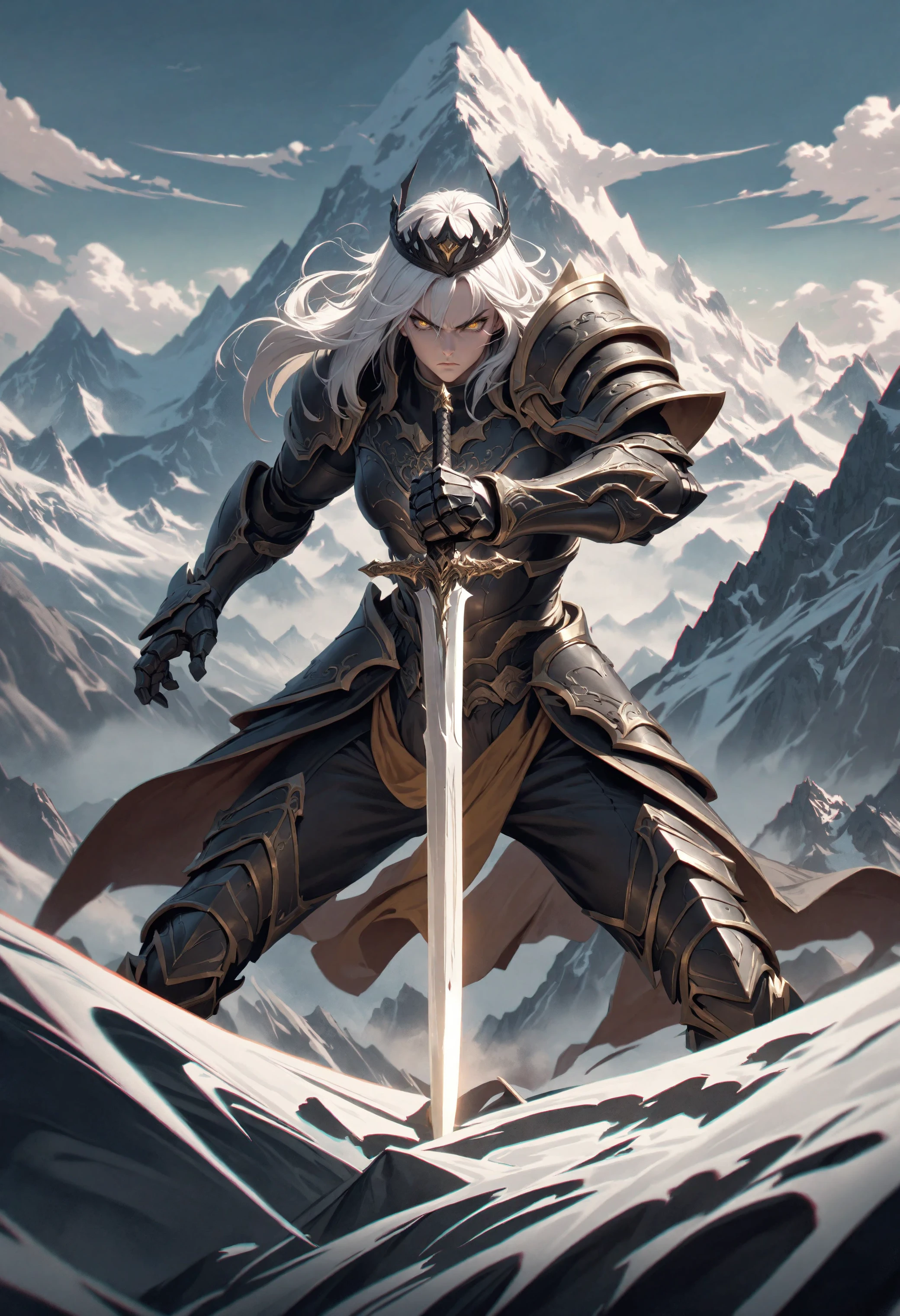 (very aesthetic, best quality, ultra detailed), intricate details, perfect eyes, fighting stance, serious, armor, holding weapon, holding sword, white hair, yellow eyes, black tiara, mountain, clouds, epic, wide shot, looking at viewer, v-shaped eyebrows