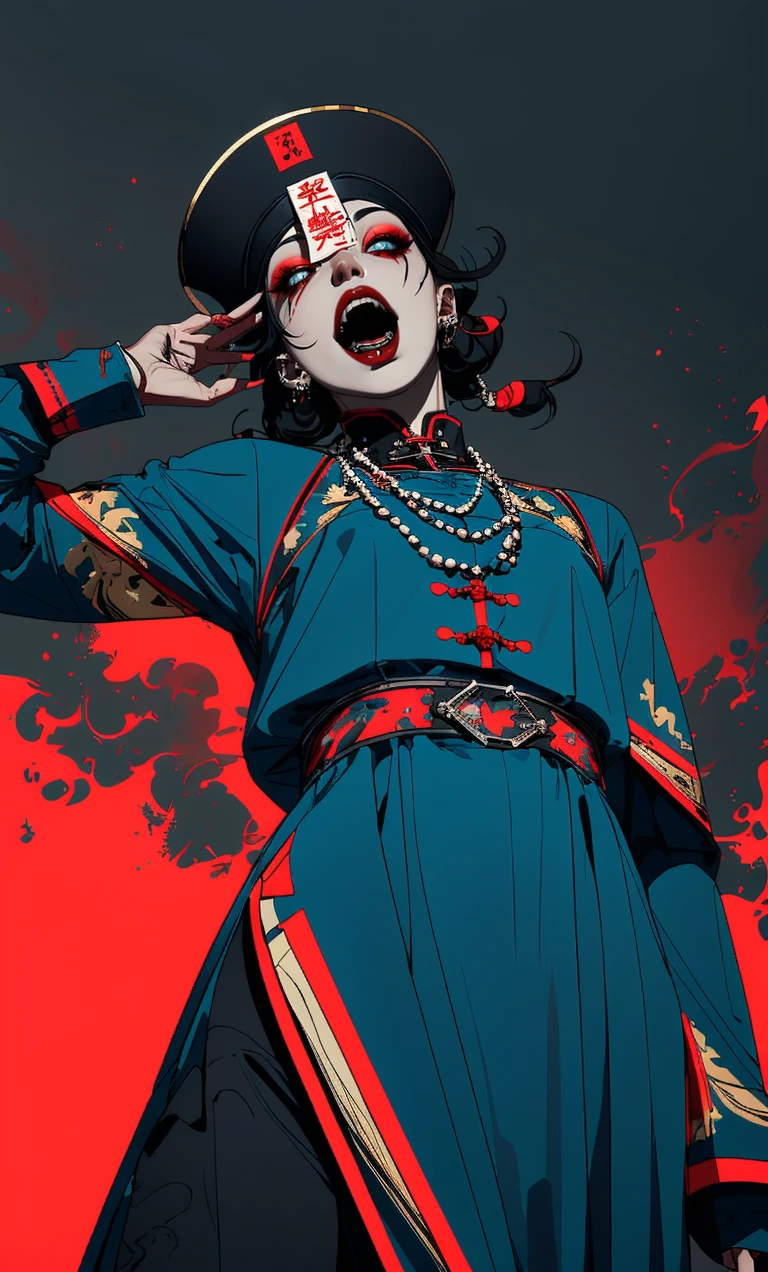 ((masterpiece)), ((best quality)), 8k, high detailed, ultra-detailed,1girl, jiangshi, jiangshi costume, open mouth, black hair, teeth, male focus, talisman, tongue, solo, necklace, skull<lora:psycho_JiangS:0.7>