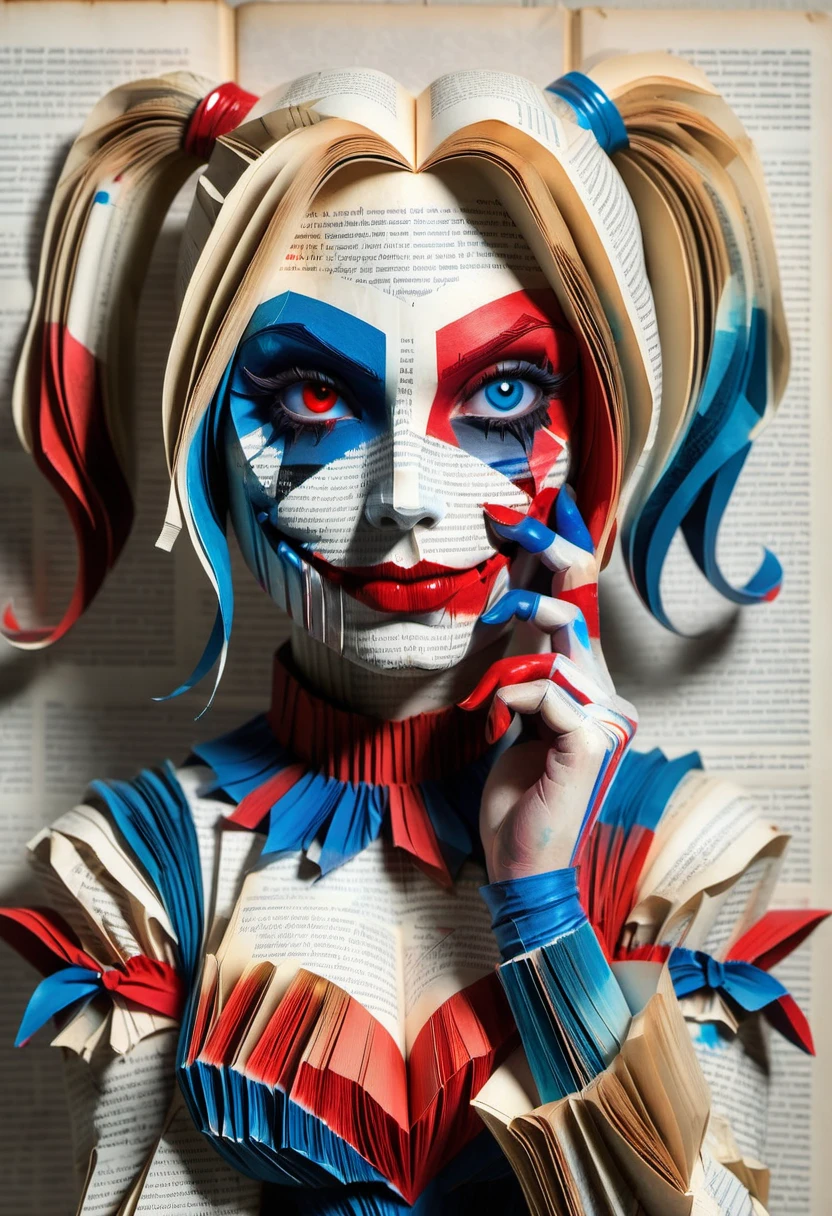 Bookpaper, portrait of Harley Quinn with a book-like appearance, her face painted with vibrant red and blue paint on her cheeks. she’ s resting her hand on her chin, made out of pages of newspaper, creating a striking and eye-catching scene.
