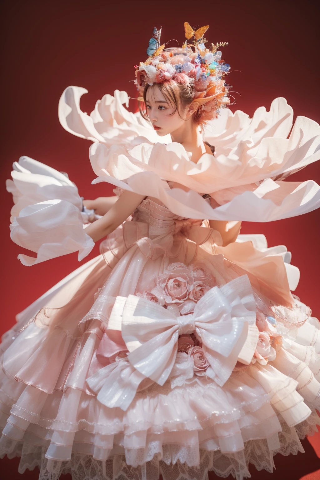 1girl,solo,red background,standing,thigh gap,,ruanyi0551,bow,butterfly,dress,frilled dress,hair flower,gloves,hair ornament,full body,from behind,<lora:0551 Full of fragrance 1_v1:1>, best quality,masterpiece,highres,official art,extremely detailed cg unity 8k wallpaper