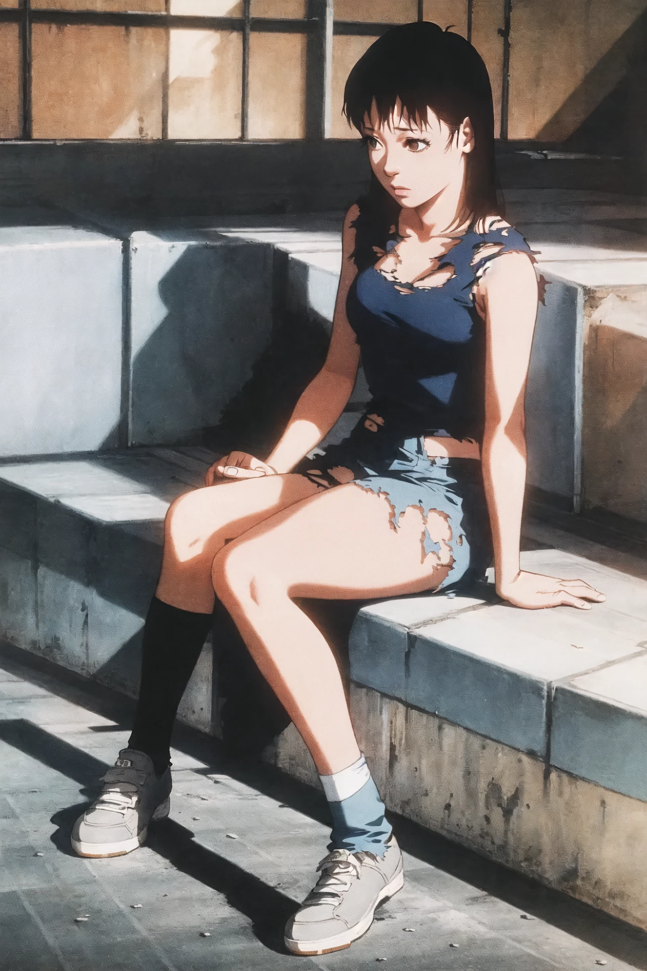 mima kirigoe, perfect blue, 1girl, solo, torn clothes, torn legwear, 1990s \(style\), full body, sitting <lora:90sv3.0R:0.6>