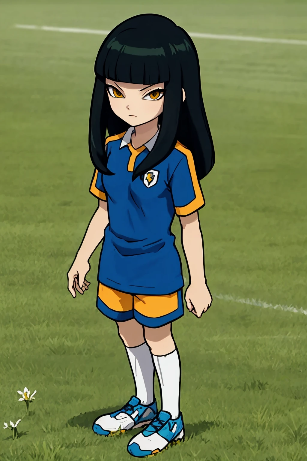 masterpiece, best quality,
1girl, dhanna, black hair, blunt bangs, long hair, yellow eyes, edorado uniform, blue shirt, soccer uniform, shorts, white socks, shoes,
standing, full body, solo, looking at viewer, blue sky, grass, meadow background <lora:Dhanna:1>