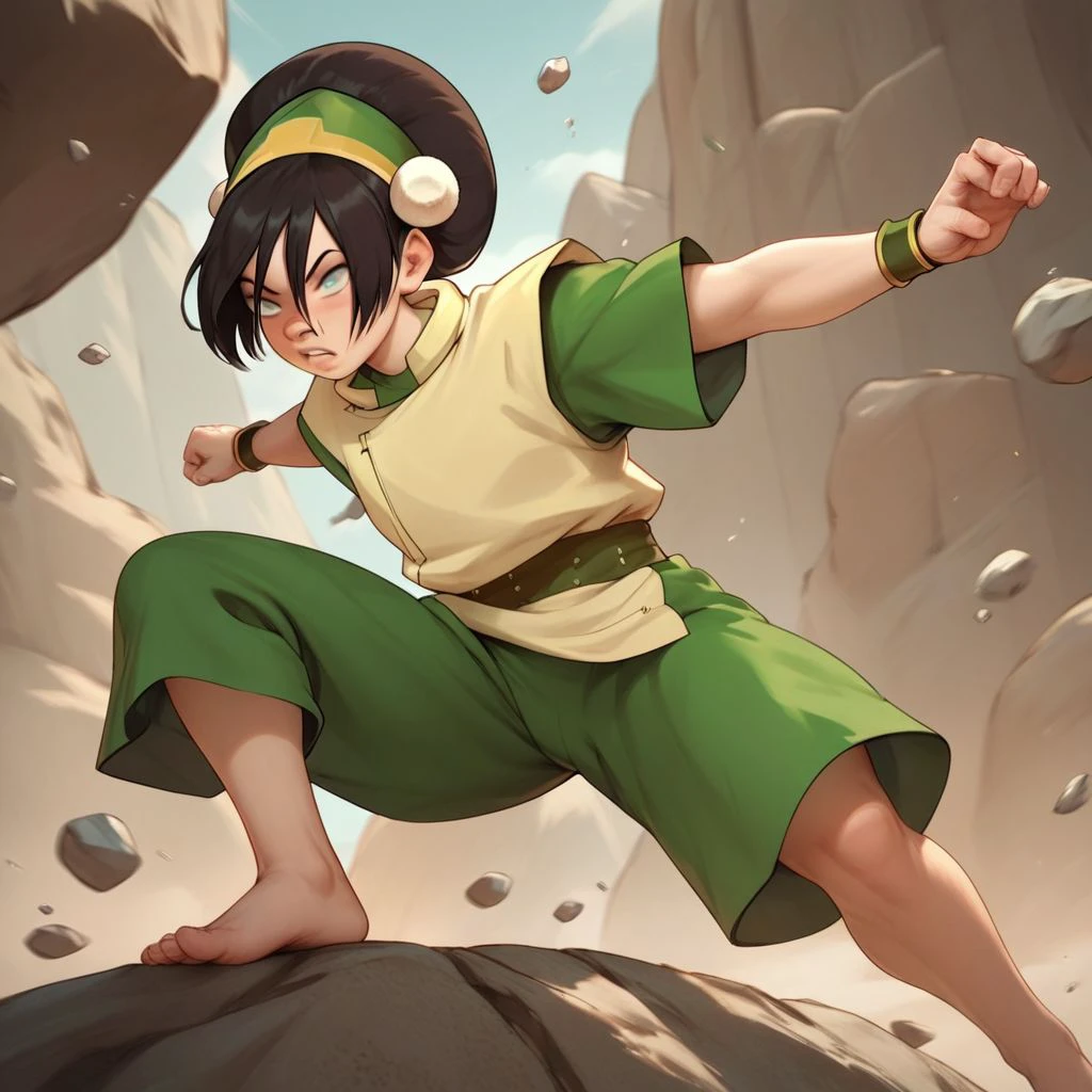score_9, score_8_up, score_7_up, score_6_up, score_5_up, score_4_up, rating_explicit, 1girl, Toph, blind, fighting stance, surrounded by floating rocks, flying rocks, barefoot, rocky terrain